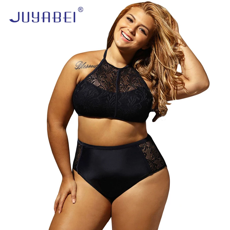 JUYABEI Lace Mesh Plus Size Swimwear Women Red Black Solid Brazilian Bikinis 2017 Mujer Monokini High Waist Swimsuit L-4XL plus-size-black-swimsuit : image JUYABEI Lace Mesh Plus Size Swimwear Women Red Black Solid Brazilian Bikinis 2017 Mujer Monokini High Waist Swimsuit L-4XL plus-size-black-swimsuit