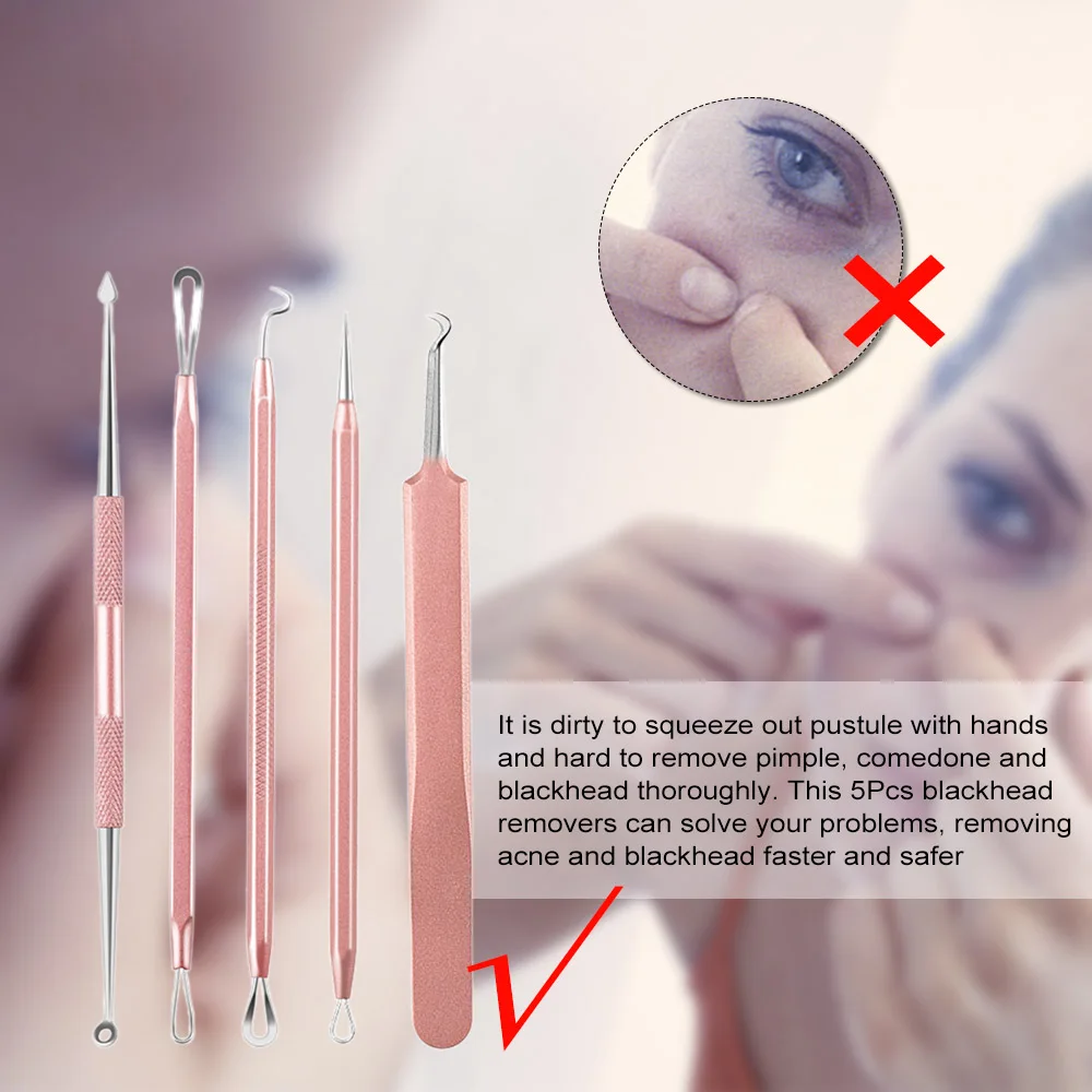 

5pcs Blackhead Remover Comedone Extractor Curved Tweezers Pimple Acne Blemish Removal Tools Set Double Ended Blackhead Remover
