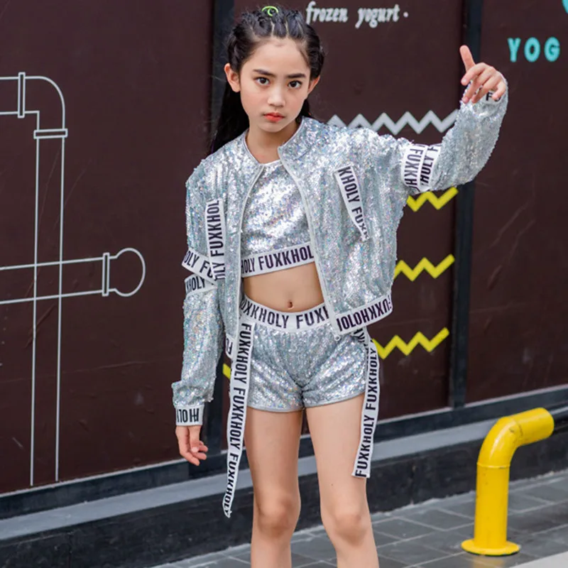 Green Silver Sequin Hip Hop Kids Dance Clothes Stage Outfit Jacket Tank Top Shorts Suit Girls Boys Hiphop Jazz Street Costume