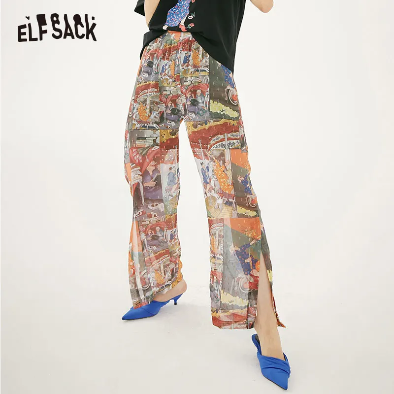 ELFSACK, Ретро стиль, с принтом, высокая талия, женские широкие брюки, лето, уличная одежда, повседневные женские брюки, модные женские брюки