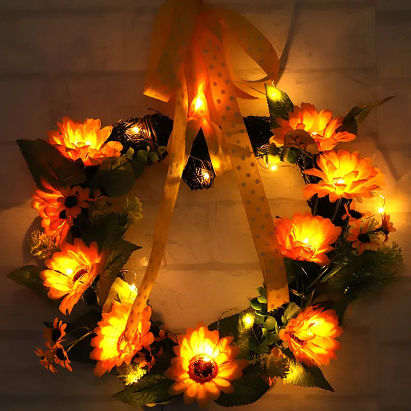 

Thanksgiving Decor Heart Wreath Artificial Sunflower Garland With Light for Home Decor Welcome Door Wreath Wedding Party Supply
