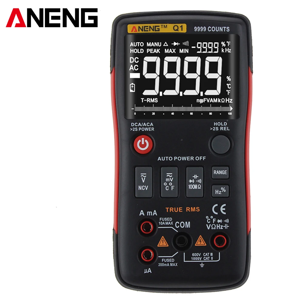 

True-RMS Digital Multimeter Auto Button 9999 Counts With Analog Bar Graph AC/DC Voltage Ammeter Current Ohm Transistor Tester Q1