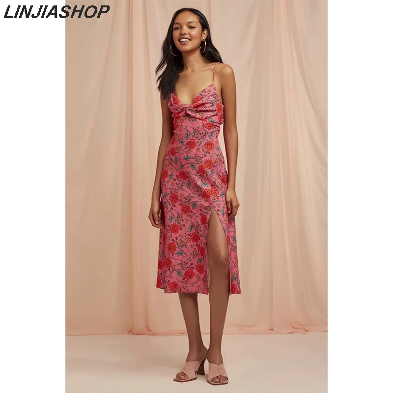 

Elegant print summer red split dress navy blue v neck hollow out A line high waist slim waist holiday beach midi dress women