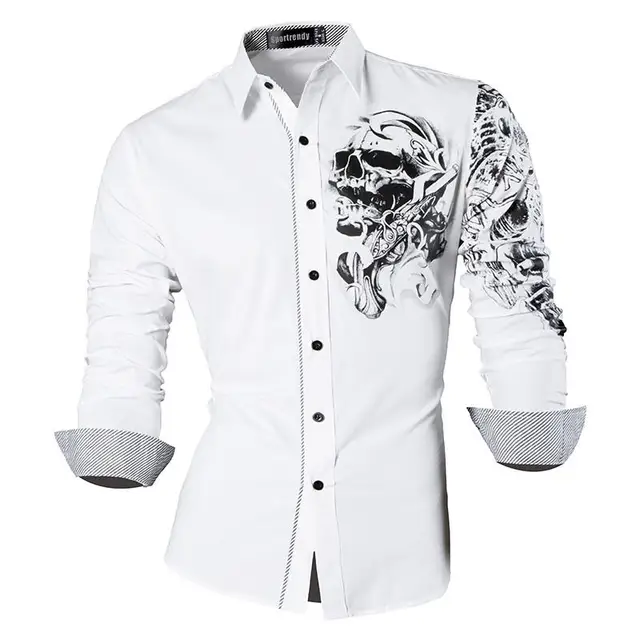 Sportrendy Men's Shirt Dress Casual Long Sleeve Slim Fit Fashion Dragon Stylish JZS041 JZS042-White