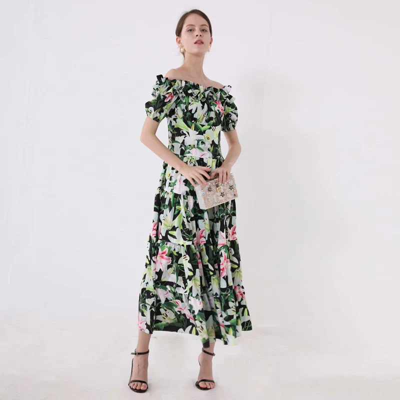 XF Boho Lily Green Flower Print Midi Dress Ruffled Short Sleeve 2019 Summer Leisure Beach Party Holiday Cake Style Elegant | Женская