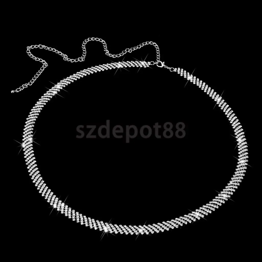 

Oblique Crystal 5 Row Ladies Waist Chain Belt in Silver