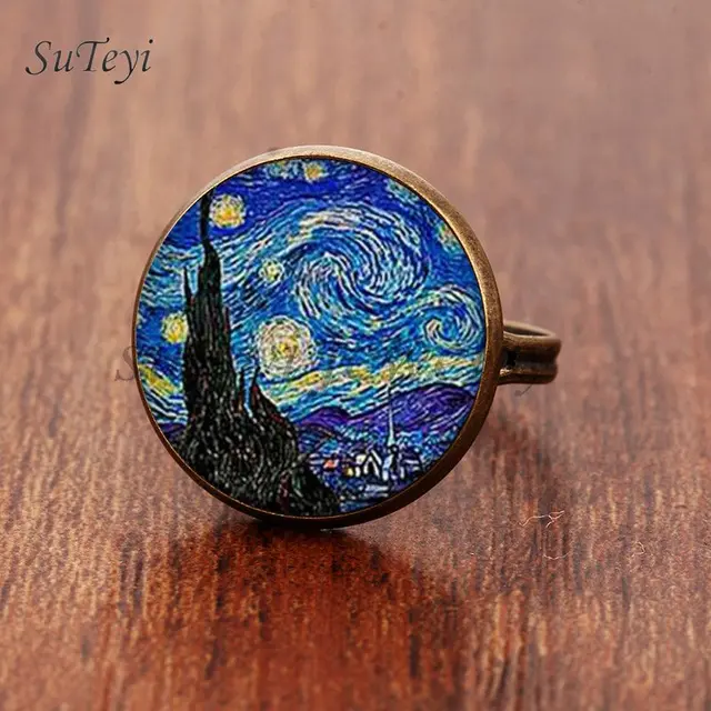 SUTEYI Classici Rotondi Anelli di Vetro di Arte Pittura Anello Regolabile La Not SUTEYI Classici Rotondi Anelli di Vetro di Arte Pittura Anello Regolabile La Not