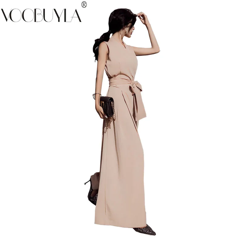 

Voobuyla Sexy Sleeveless Summer Playsuits Women 2019 Office Work Wear Elegant Wide Leg Rompers Female Solid Chiffon Jumpsuits