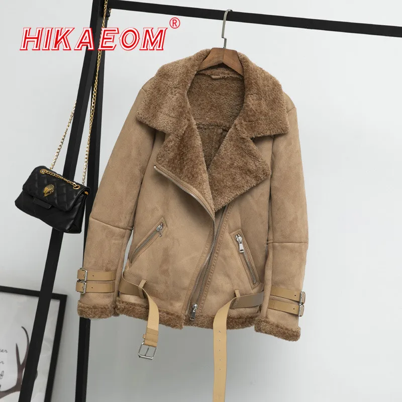 

Suede Fur Leather Coat Loose Winter Thick Plus Velvet Big Collar Warm Jackets Motorcycle Faux Sheepskin Shearling Street Coats