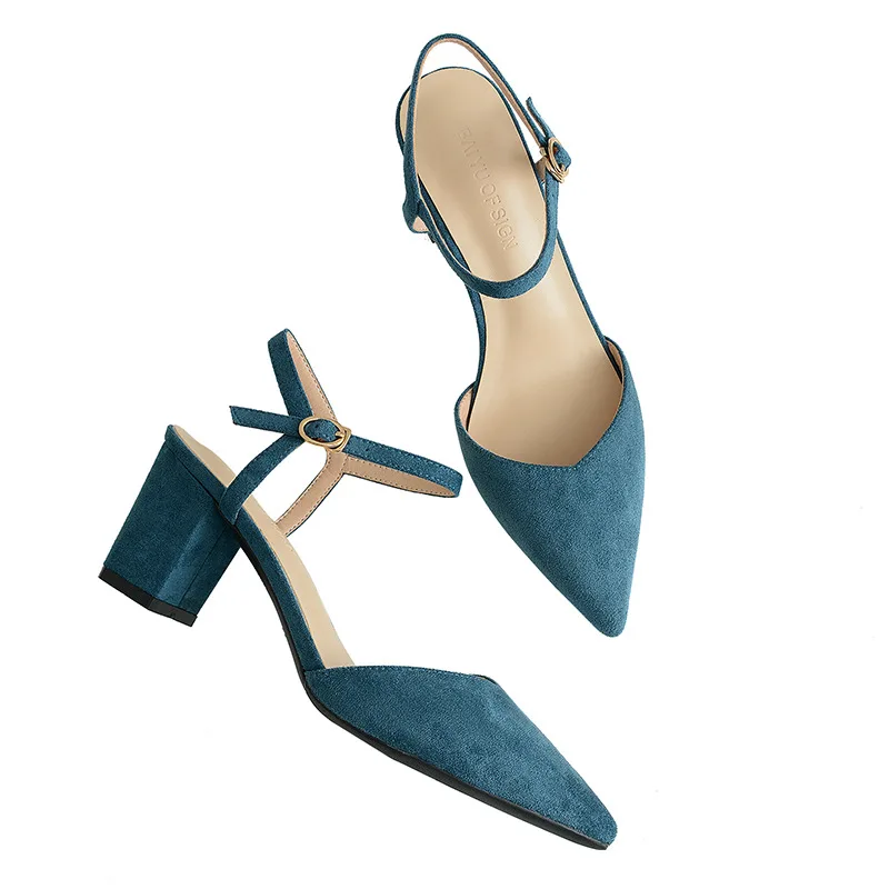 

women pumps Pointed Toe Thick with High heels summer Baotou Backspace Word buckle sandals Shallow mouth women shoes