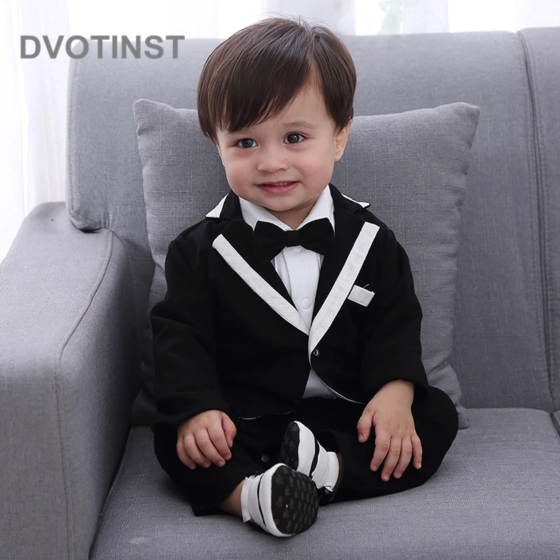 Dvotinst для маленьких мальчиков детская одежда Длинные рукава джентльмен черный комбинезон с галстуком-бабочкой+ пальто, комплект одежды для младенцев и детей ясельного возраста Свадебный комбинезон на день рождения