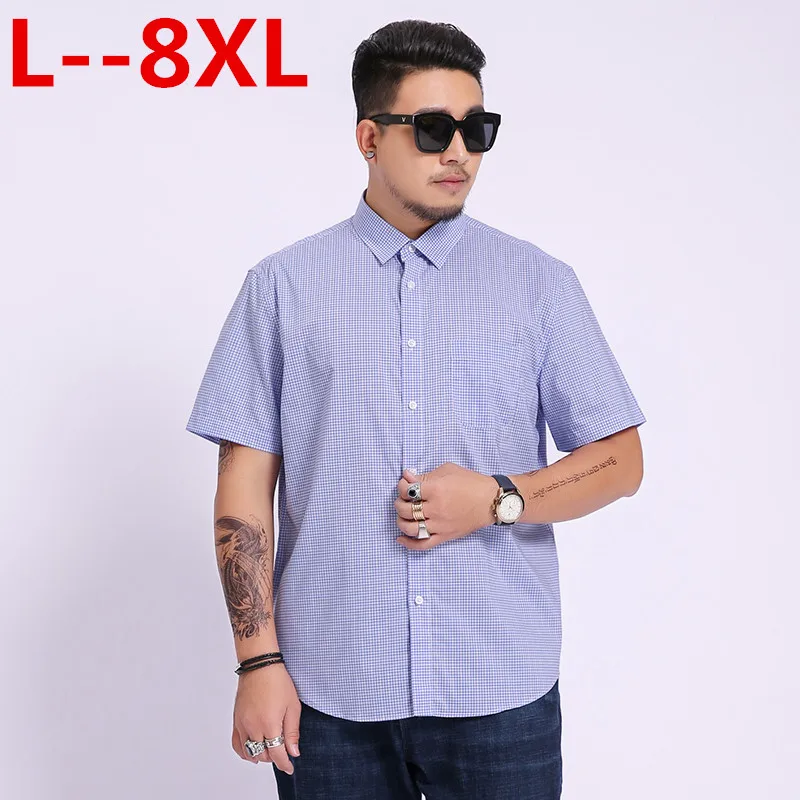 Плюс 8XL 6XL 5X Лето г. для мужчин s повседневные рубашки в клетку короткий рукав хлопковое платье рубашка Ретро стиль camiseta masculina