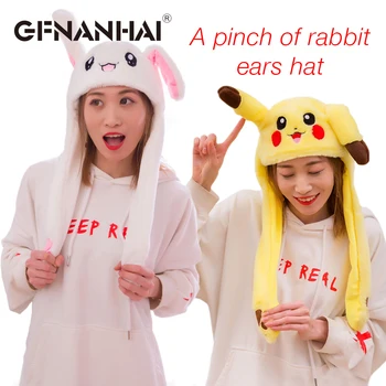 

1pc 60cm funny Pikachu and Rabbit hat with ears moving plush toy stuffed soft creative hat dolls children cute birthday gift