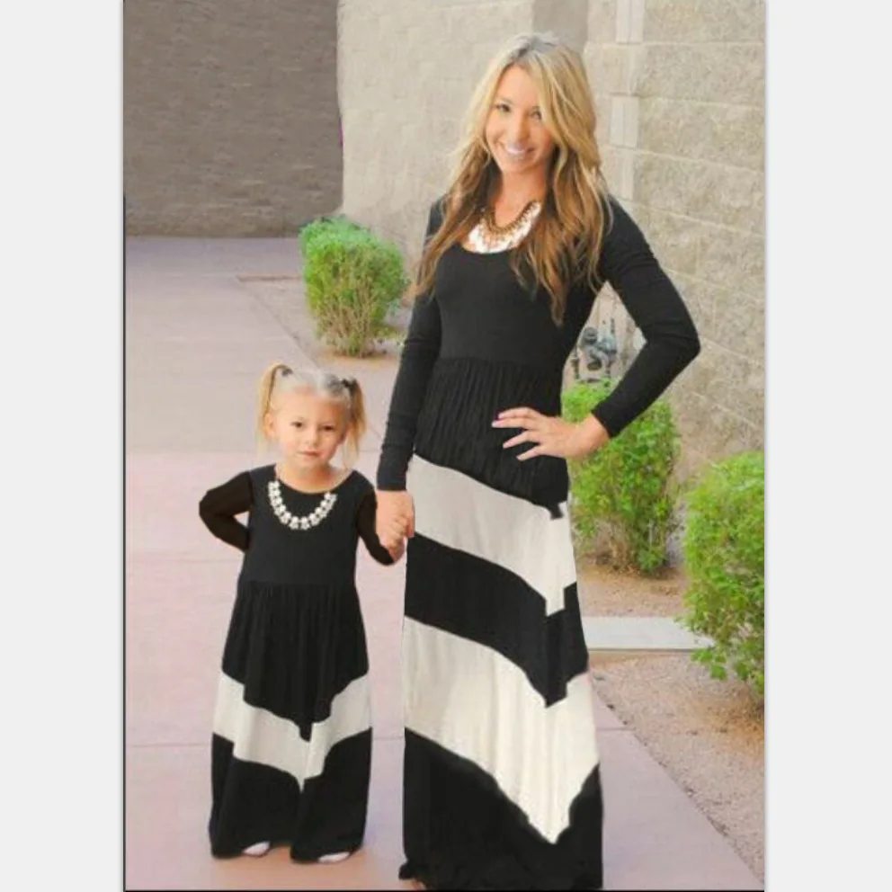 

ZOGAA 2019 Long Sleeve Black-and-White Color Stripes Parents and Children's Dresses Mother and Daughter Clothes