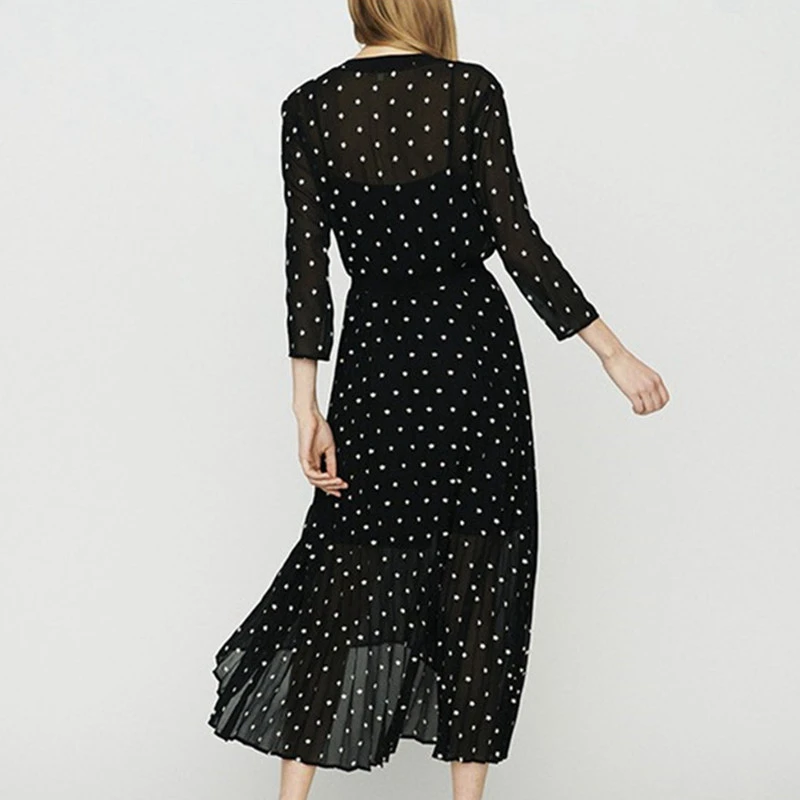 Дизайнерское платье высокого качества шифоновое женское повседневное Элегантное длинное зимнее платье с длинным рукавом черная вышивка плиссированная Офисная Леди
