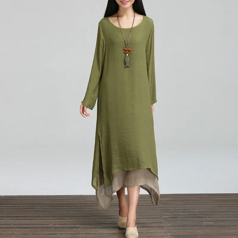 intage O Neck A Line Ankle Length Dresses Spring Autumn Women Cotton ...