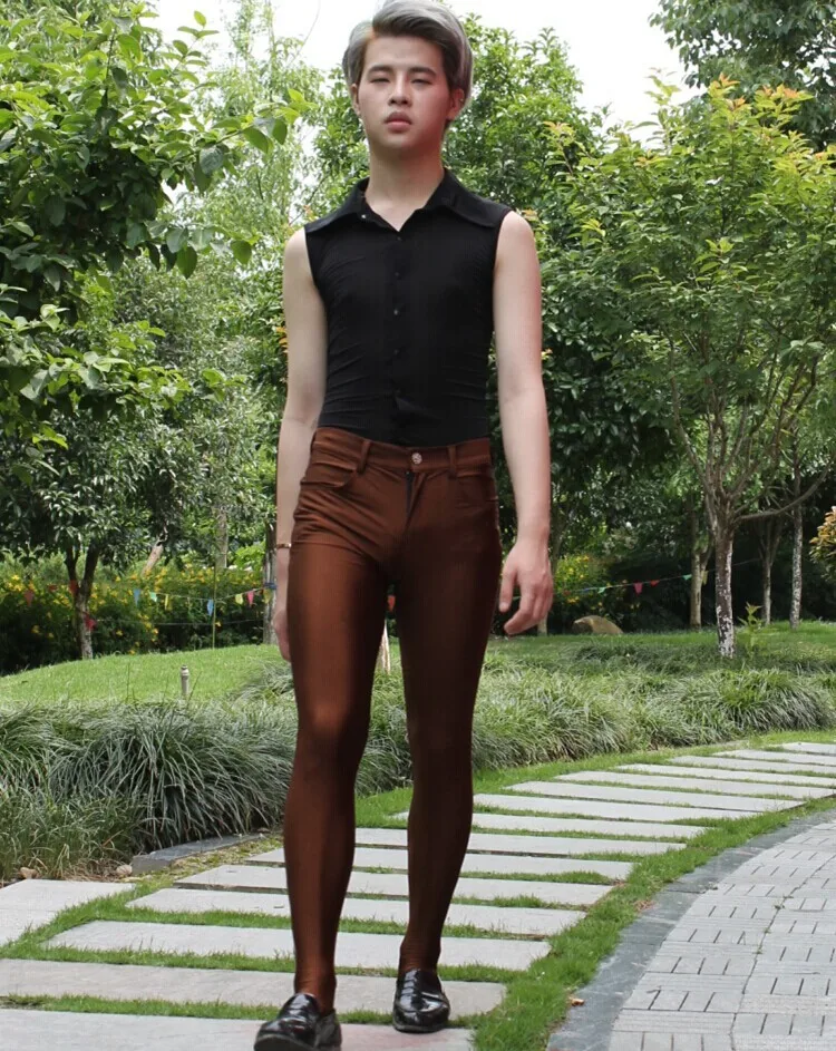 Calças com charme elástica masculinas, calças seda,