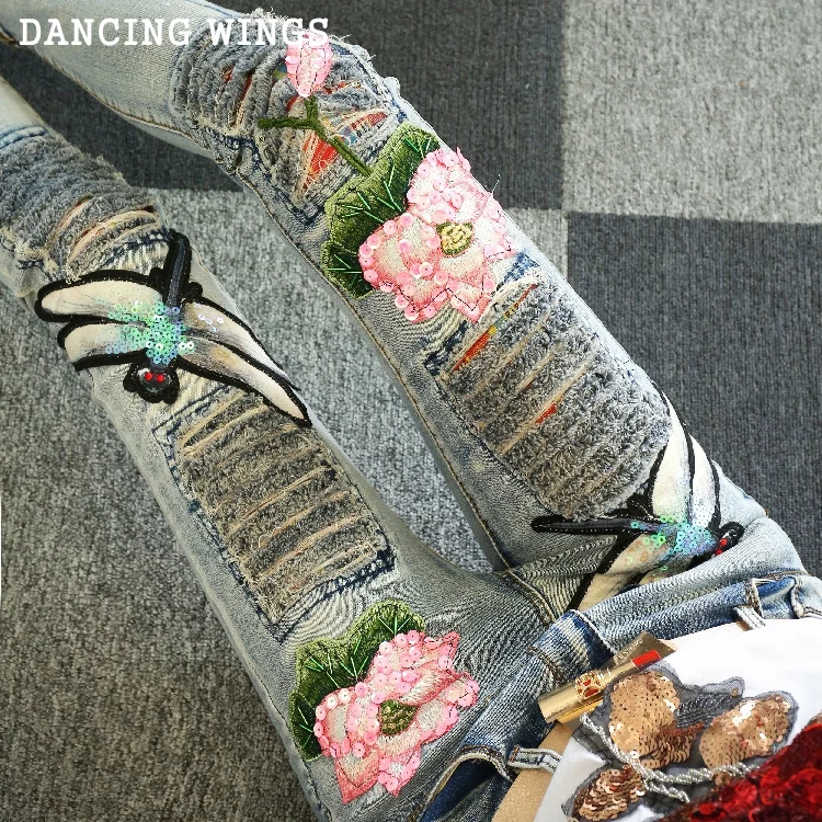 Printemps automne Skinny femmes Jeans broderie Lotus paillettes libellule trou slim denim crayon pantalon femme