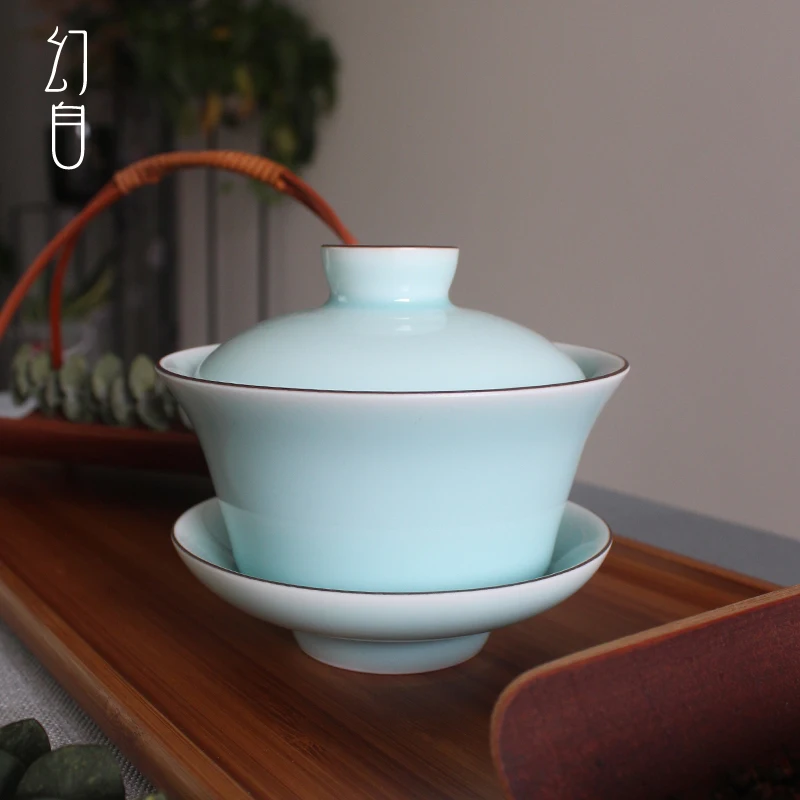 

Tea Tureen White and Cyan Chinese Kung Fu Ceramic Jingdezhen Celadon Gaiwan