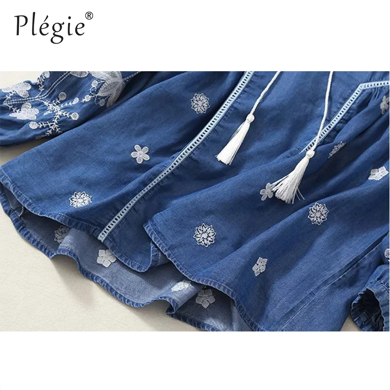 Женские топы и блузки Plegie 2018 Женская Джинсовая блузка с цветочной вышивкой