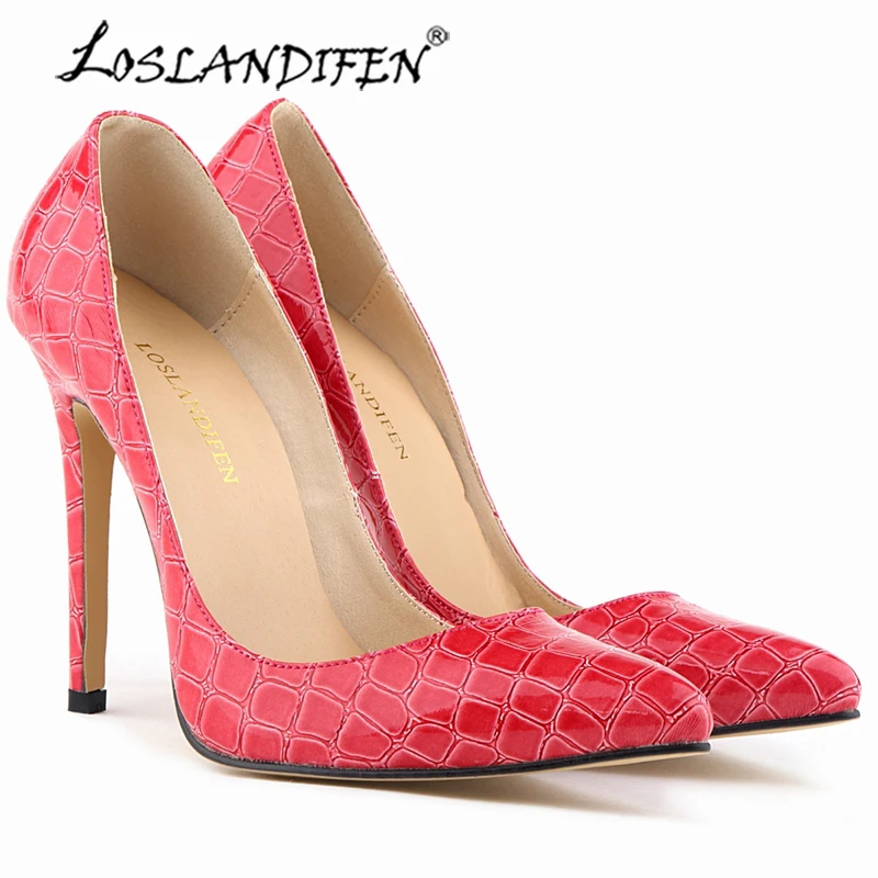 

LOSLANDIFEN Classic Sexy Pointed Toe High Heels Women Pumps Shoes Crocodile Spring Brand Wedding Pumps Big Size 35-42 302-1EY
