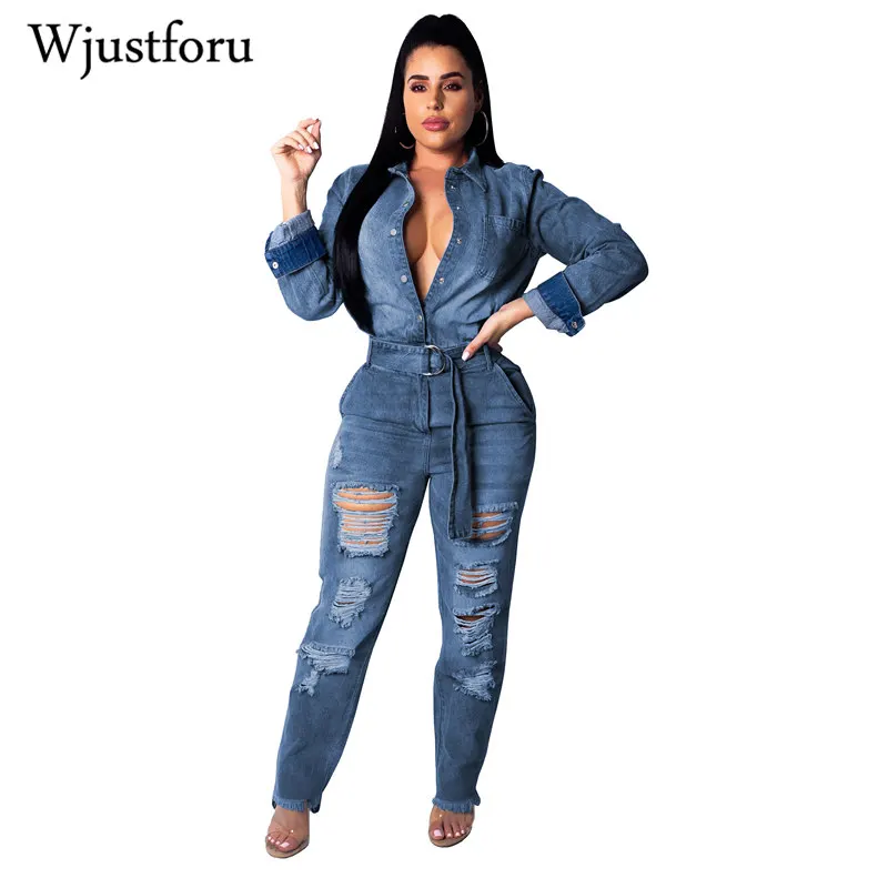 

Wjustforu Thicken Hole Denim Jumpsuit Vestidos Bodysuit Casual Wide Leg Bodysuits Elegant Fashion Bandage Sexy Jumpsuit Female