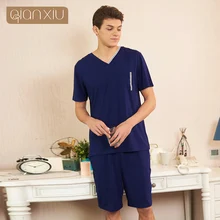 Летний парный Повседневный пижамный комплект, Мужская футболка с коротким рукавом и v-образным вырезом и шорты, Мужской Хлопковый пижамный комплект, большие размеры