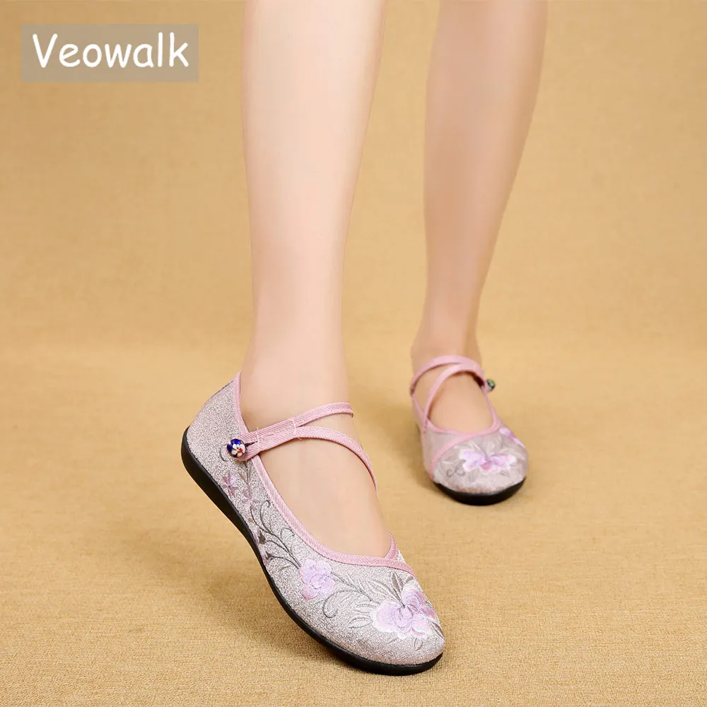 Veowalk/Женские винтажные хлопковые балетки на плоской подошве с цветочной вышивкой