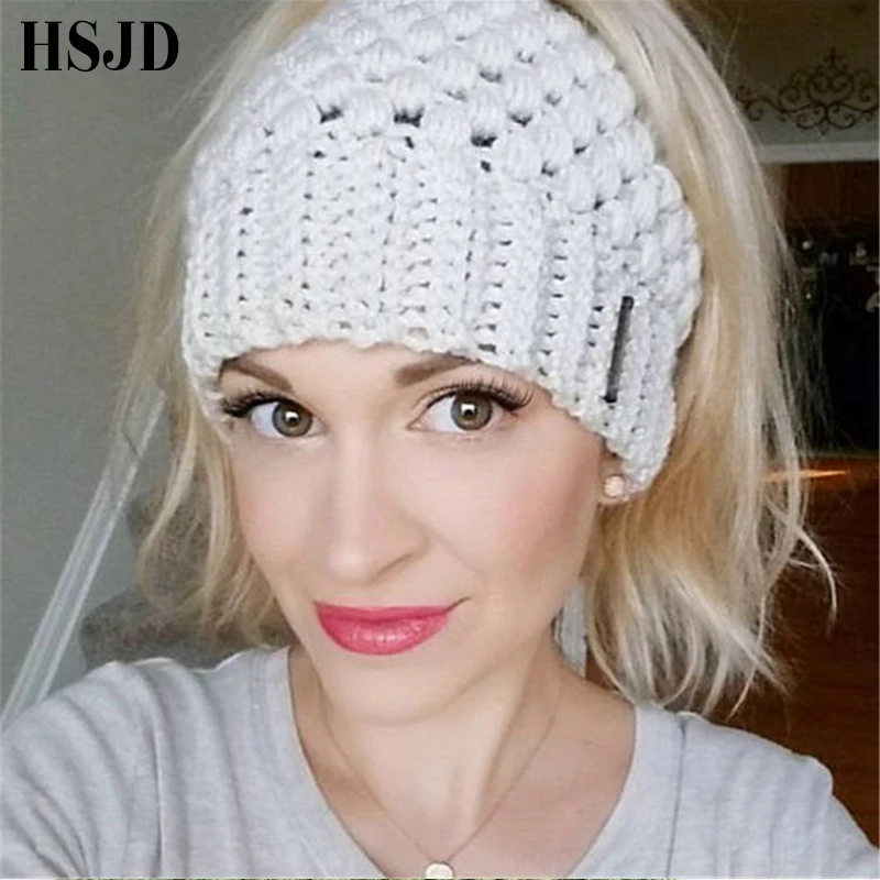 

Solid Knitted Ponytail Beanie Adult Crochet Hat Winter Hats For Women Skullies Beanies Warm Caps Thick Skullies female Cap Gift