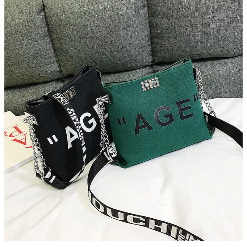

Canvas fashion square bag letter wide shoulder strap chain shoulder bag reusable messenger bag