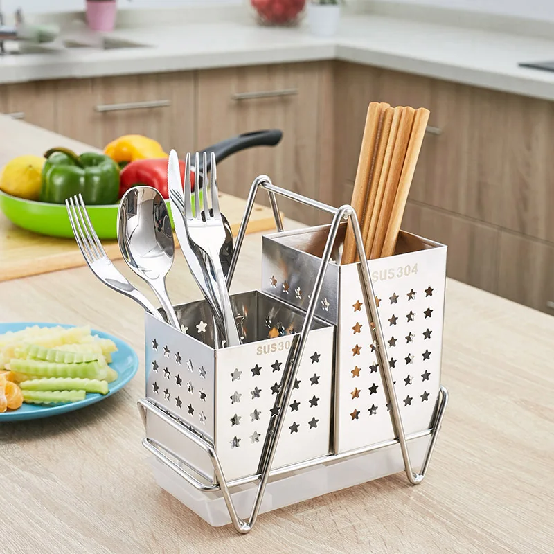 

304 Stainless Steel Square Shape Tableware Storage Basket Spoon Rest Chopsticks Holder With The Draining Board Free Shipping
