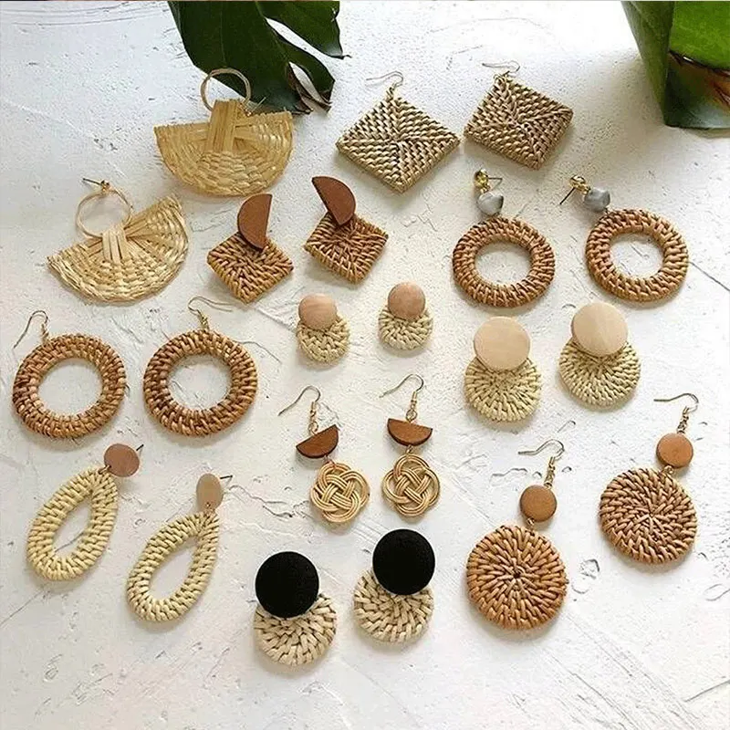 

Fashion 1Pair Geometric Handmade Rattan Earrings Women Gift Wooden Woven Straw Dangle earrings boucle oreille femme
