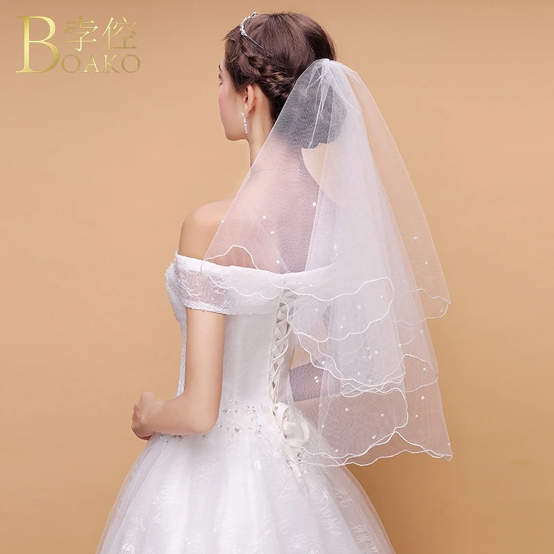 

BOAKO 1.5m Bridal veils wedding accessories party lace beaded bridal veil short white Bride Hairdress Veils K5