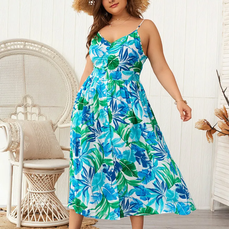 

Oversize 4XL Women Dress Printed Casual Sleeveless V-Neck Boho Flower Bohemian Party Maxi Dress Plus Size Female Green A005