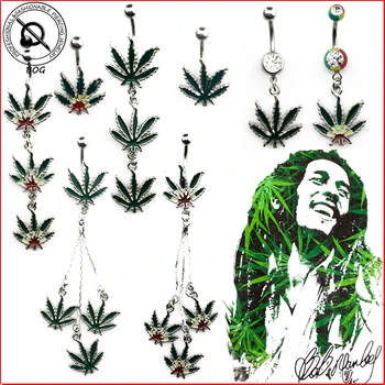 

BOG-Sexy Jamaican Rasta Pot Leaf belly navel button ring Green Leaf Medical Stainless Steel Piercing Body Piercing Jewelry