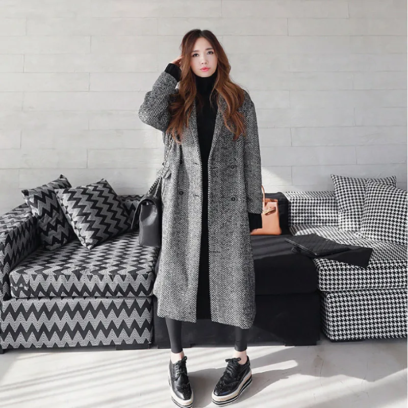 TREND-Settler 2018 Spring Fashion Casual Striped Wool Coat Women Long Ladies Black Double Breasted Coat for Women