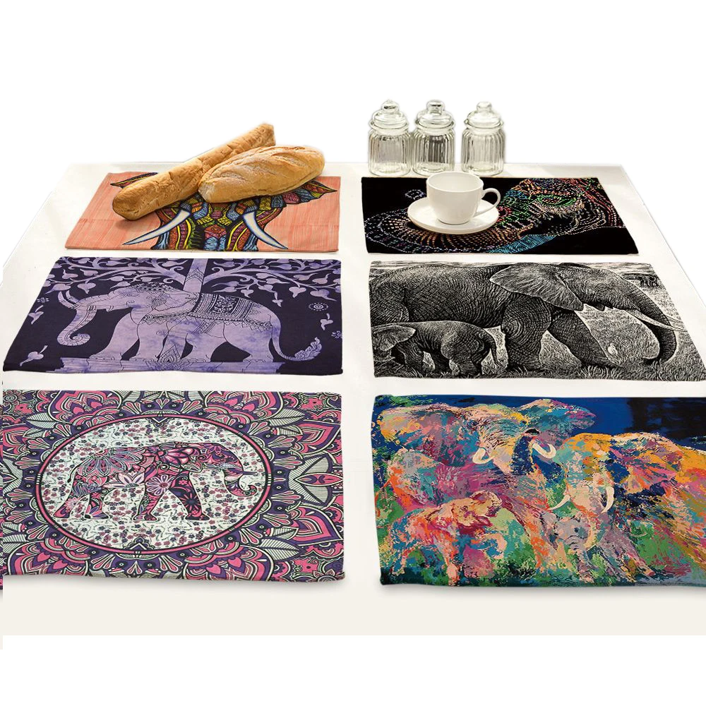 الحيوان الطباعة شرب الوقايات الهند الفيل تحديد الموقع ل طاولة طعام حصيرة المطبخ الديكور الاكسسوارات Manteles Individuales