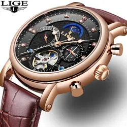 Бренд lige Для мужчин часы автоматические механические часы с турбийоном Спорт часы кожа Повседневное Бизнес часы в ретро-стиле Relojes Hombre