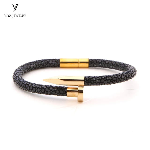 Most Por Black Stingray Leather Rope Nail Bracelet High End Man Most Por Black Stingray Leather Rope Nail Bracelet High End Man Hot