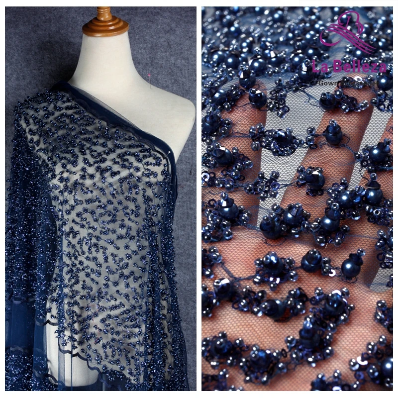 

La Belleza 2018 New design deep blue heavy handmade Beaded pealrs wedding dress lace fabric 1 yard 40cm width trim