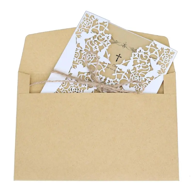  10pcs/set Laser Cut Hollow Wedding invitations Cards Lace Hemp Rope Invite Envelopes Kits For Engag - 33045457283
