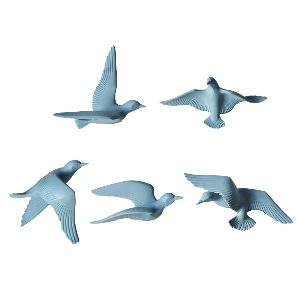 5pcs Nautical Resin 3D Birds Wall Art Murals Flying Seagull Sculpture Bedroom Wall Stickers DIY Home Hotel Decor Blue