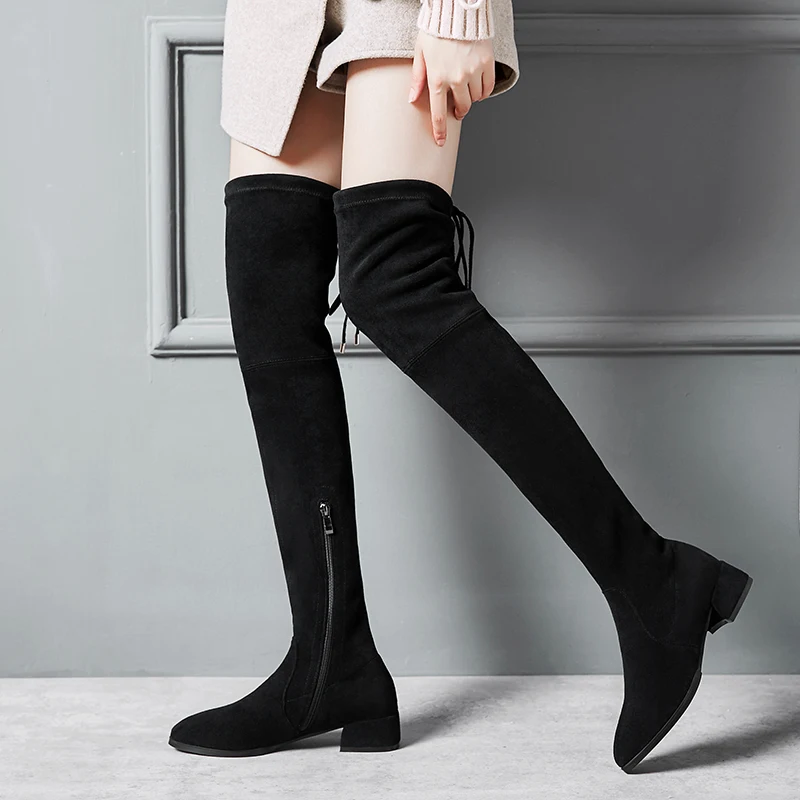 

EshtonShero Shoes Woman Over The Knee Boots Stretch Fabric 3/5/8CM High Heels Women Platform Ladies Motorcycle Boot Size 34-43