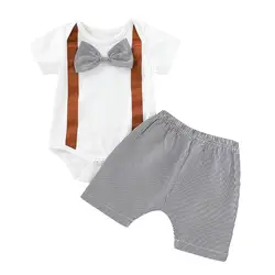 Летние комплекты одежды с бантиком для мальчиков, Детская короткая футболка высокого качества + штаны, одежда для маленьких мальчиков