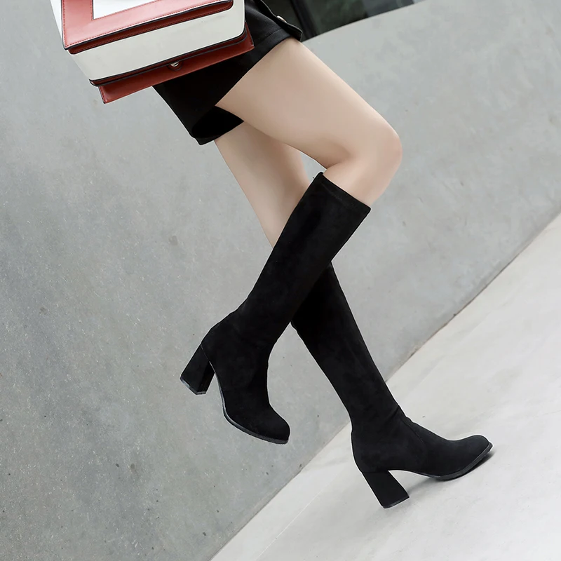 JK/большие размеры 32-46; коллекция года; зимние женские растягивающиеся сапоги; обувь из флока с круглым носком на толстом высоком каблуке; теплая женская обувь на меху; новые сапоги