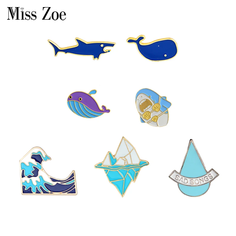 

Go Surfing! Enamel Pins Blue Wave Iceberg Whale Shark Brooch Badge Denim Shirt Lapel Pin Cartoon Funny Jewelry Gift for Kids