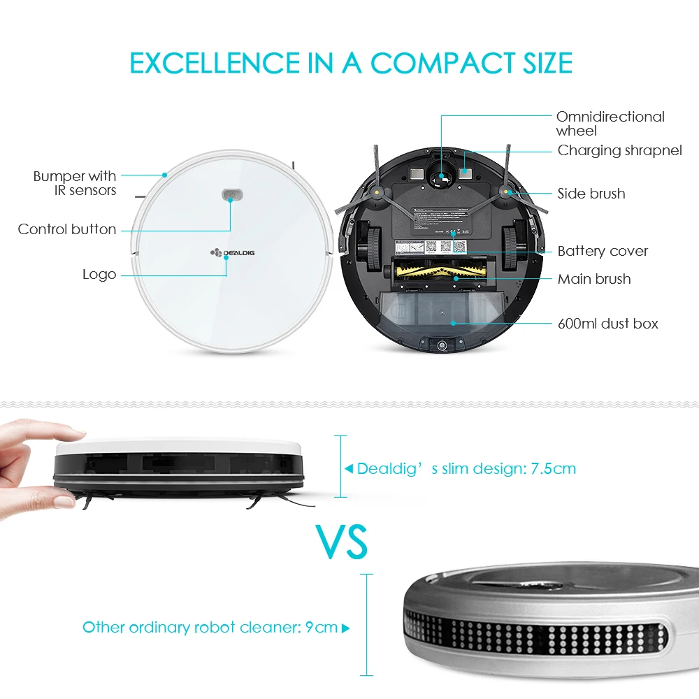 DEALDIG Robvacuum 8 Robot Vacuum Cleaner 1800 Pa Strong Suction Aspirator WiFi Connectivity Work For Alexa App Remote Control