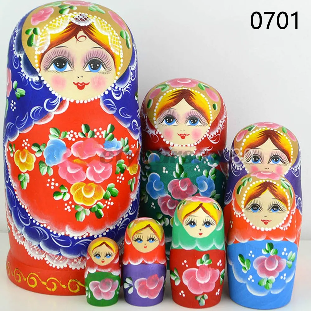 10pcs/7pcs WOODEN RUSSIAN NESTING DOLLS HAND PAINTED BABUSHKA MATRYOSHKA SET GIFTin Figurines