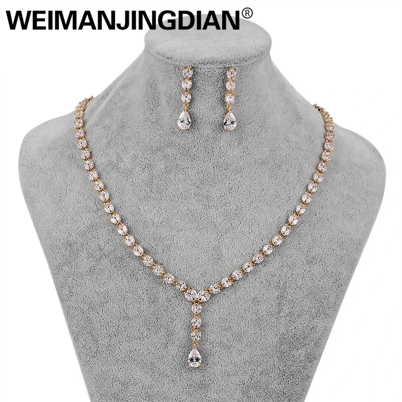 

WEIMANJINGDIAN Gold Color Plated Small Teardrop and Marquise Cubic Zirconia Crystal Necklace and Earring Set for Wedding