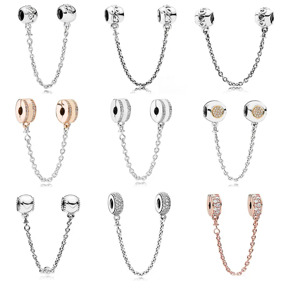 

Two-Tone Signature Embossed Hearts Pave Inspiration Safety Chain Bead Fit Pandora Bracelet 925 Sterling Silver Charm Jewelry